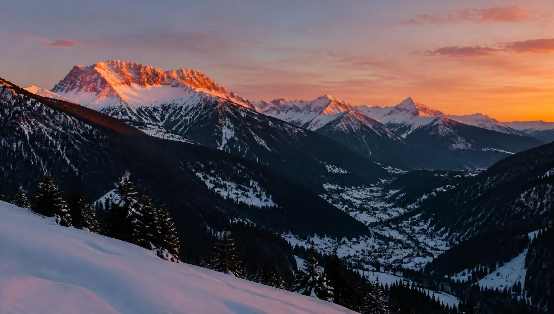 Le massif des Aravis enneigé au coucher du soleil, près de Thônes